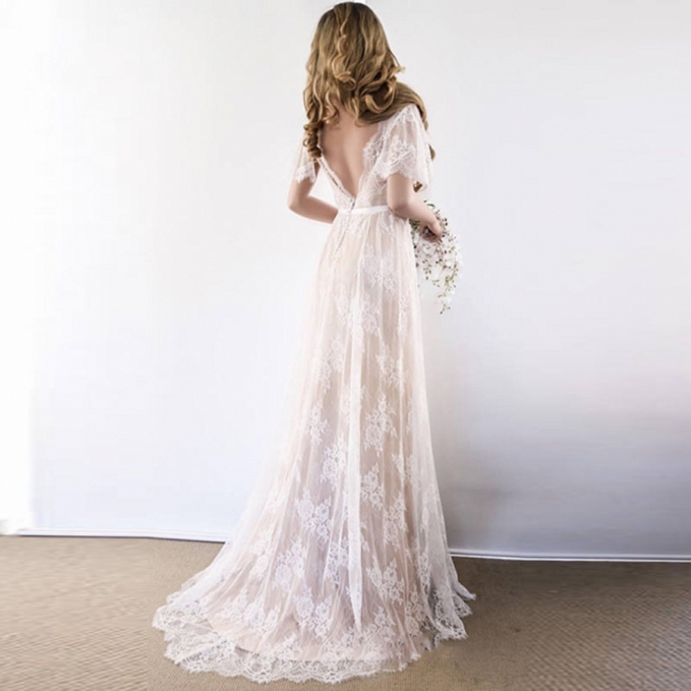 New Boho Wedding Dress 2020 V Neck Cap Sleeve Lace Beach Wedding Gown Cheap Backless Custom Made Bride Dresses robe de mariage