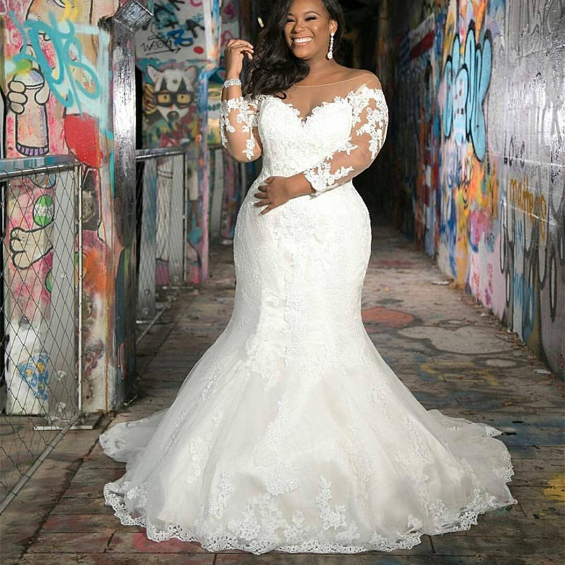 Long Sleeves Plus Size Mermaid Wedding Dresses Lace V Neck Country Boho Bridal Gowns For Garden