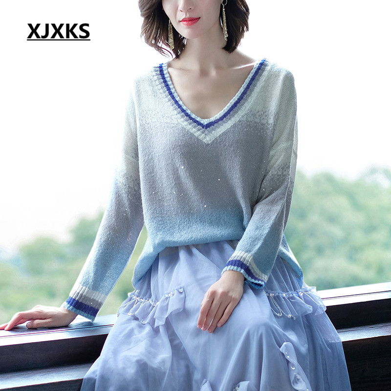 XJXKS Spring And Autumn Long-sleeved Sweaters Loose High Quality Color Gradual Change Top Women Sweater And Pullover Pull Femme, Blue and white
XJXKS Spring And Autumn Long-sleeved Sweaters Loose High Quality Color Gradual Change Top Women Sweater And Pullover Pull Femme, Blue and white