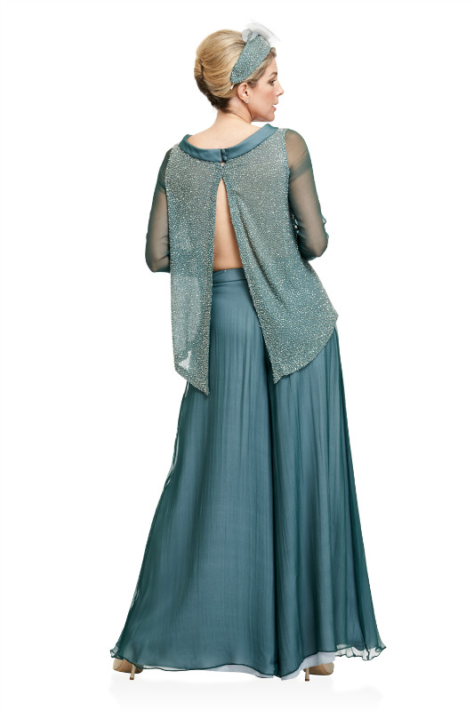 2020 Two Piece Suit Long Sleeve Mother Of The Bride Dress Chiffon Mother Dress Blue Formal Evening Gowns