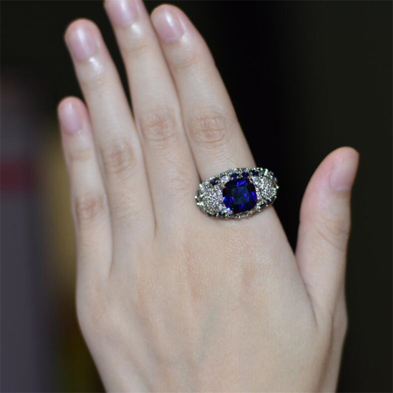 Sterg Sier Cushion Shape Blue Sapphire CZ Dia Gemstones Women's Wedding Band Ring