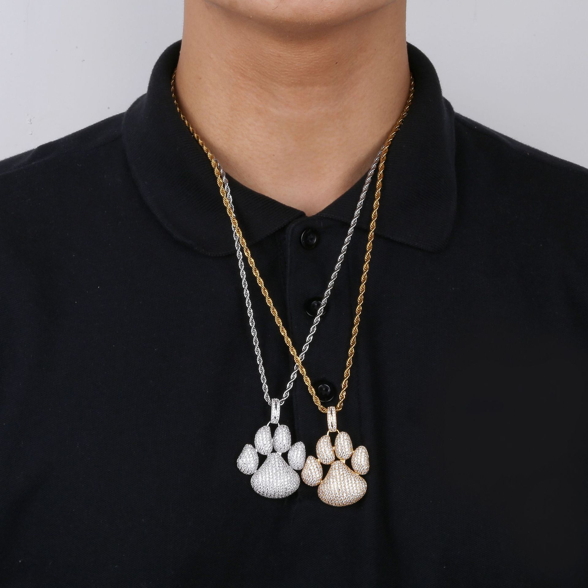 Personalized 18K Gold Plated Full Cubic Zirconia Cute Dog Footprints Pendant Necklace Twist Chain Hip Hop Jewelry Gifts for Boys and Girls