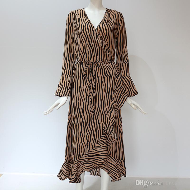 Summer Long Dresses 2020 Women Zebra Print Beach Chiffon Dress Casual Long Sleeve V Neck Ruffles Elegant Party Dress