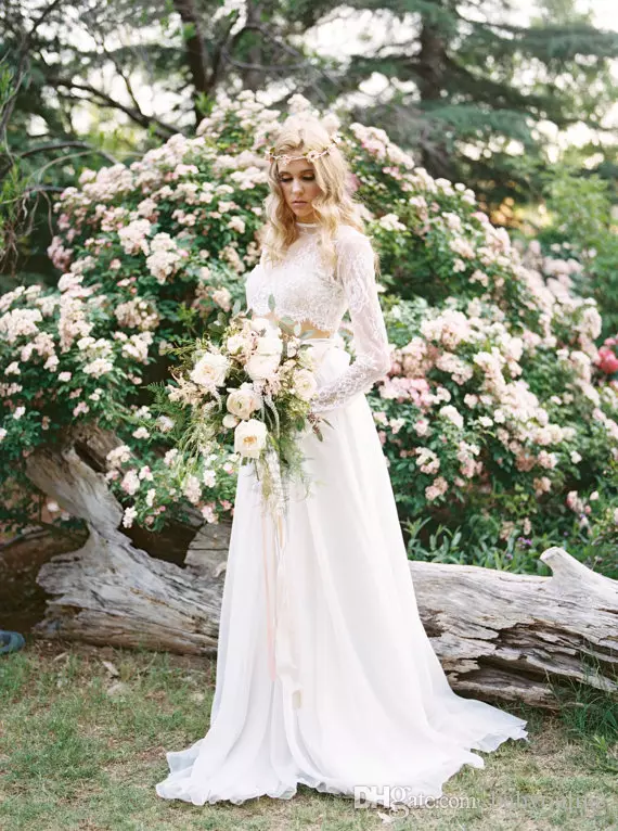 New Romantic Two Pieces Bohemian Wedding Dresses Long Sleeves Lace Crop Top Chiffon Beach Country Wedding Gowns CG01