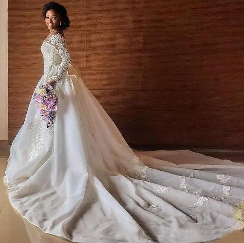 African Mermaid Wedding Dress Long Sleeves With Big Bow Floor Length Long Garden Bridal Gown Plus Size Custom Made