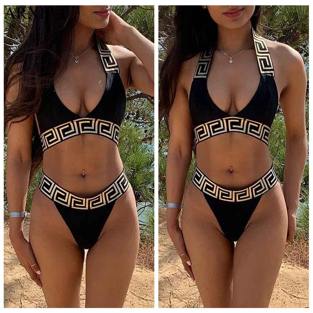 ARXIPA Sexy Bikini Sets For Women Bandage Swimsuit Crop Top Swimwear Thong Bathing Suit High Cut Beachwear Solid Print New Bather High-Cut Crop Top & 
