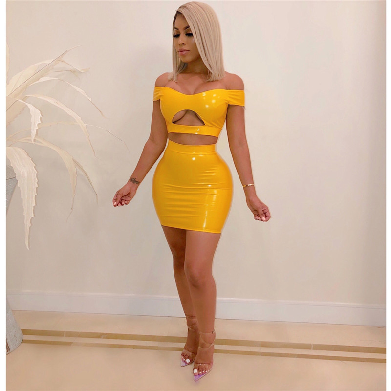 Fashion night club wear women crop top+ skirt two piece set sexy skinny miniskirt suit off-the-shoulder bra top+package hip skirt 1229