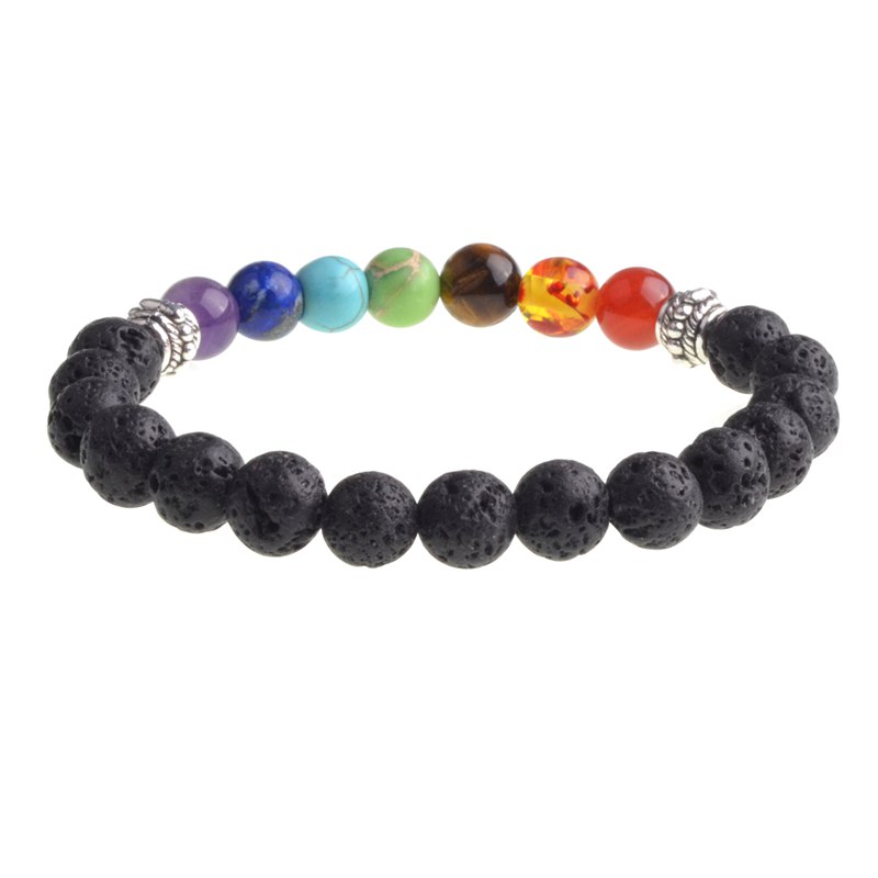 Black Lava Stone Jewelry 7 Chakra Bracelets Strands 8mm Yinyang Rock Bead Elastic Natural Stones Gemstones Yoga Menditation Beads for Men Women Girls