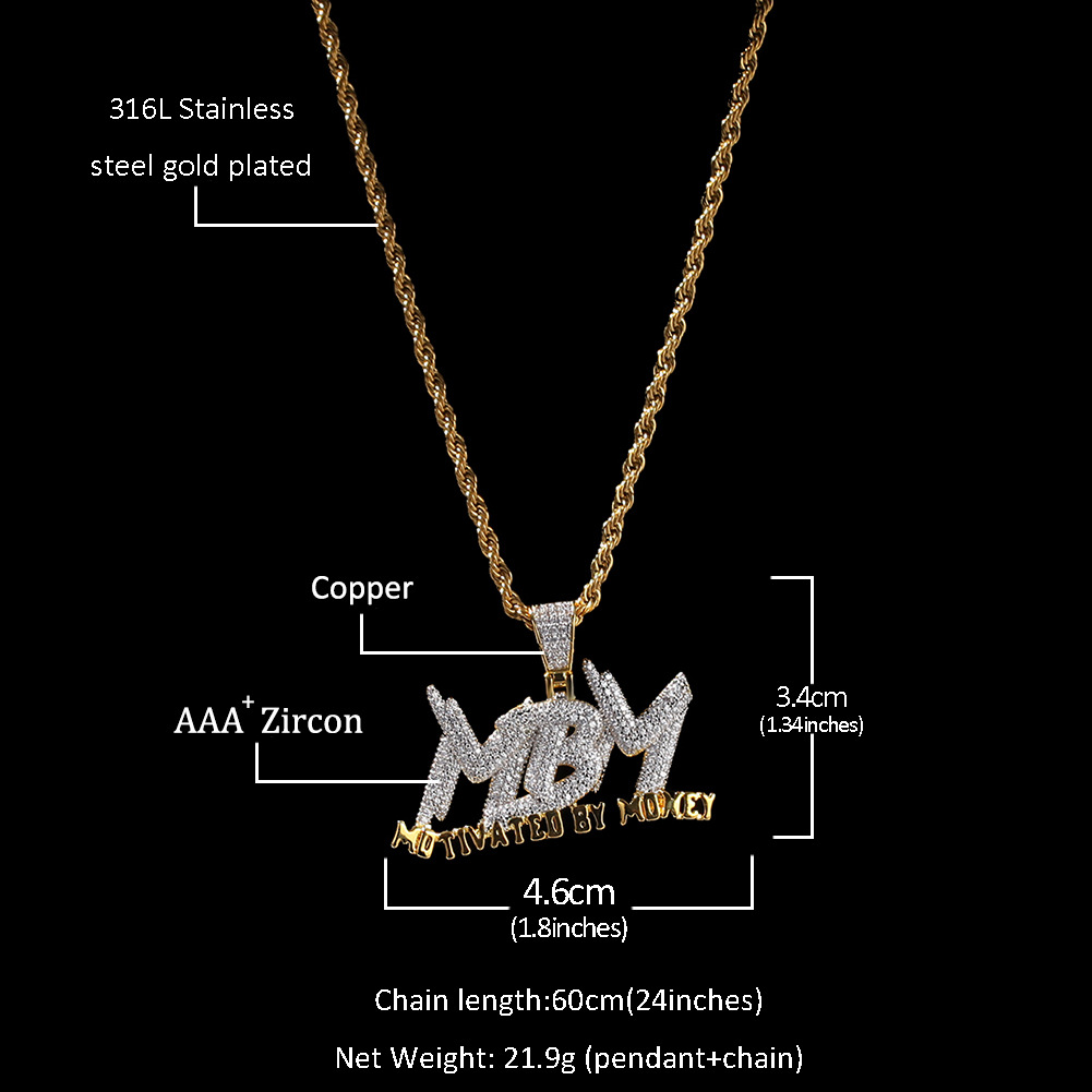 Men's Hip Hop Letter MBM Pendant Creative TopBling White Zirconia Pendant Necklace Charm Pendants Rap Jewelry