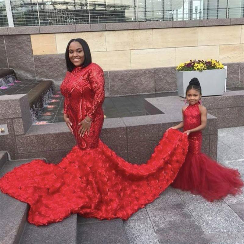 Plus Size Red Mermaid Prom Dresses High Neck Lace Applique Sequins African Grils Evening Gowns Rose Flower Skirts Cocktail Party Dress