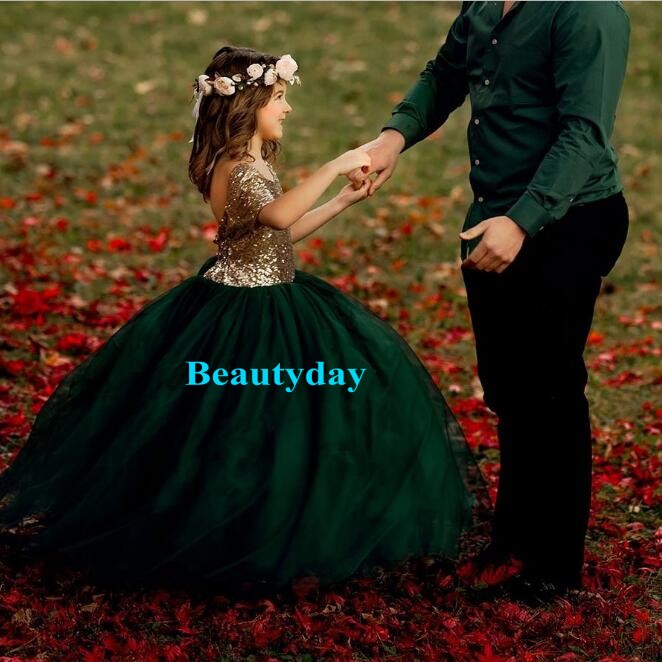 Girl's Pageant Dresses Forset Green 2019 Toddler Rose Gold Sequins Bodice Kids Ball Gown Glitz Flower Girl Dress Wedding Party Birthday