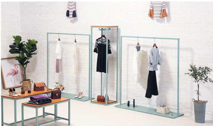 Blue floor hanger Commercial Furniture Landing style cloth store in the island shelf bale window display rack women's clothing hanging racks