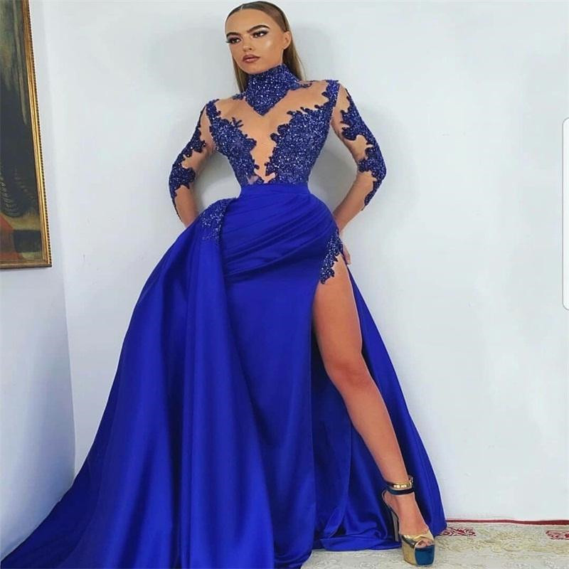 Royal Blue High-neck Evening Pageant Dresses 2021 Illusion Long Sleeve Lace Stain High-split beaded Sequins Prom Party Gowns