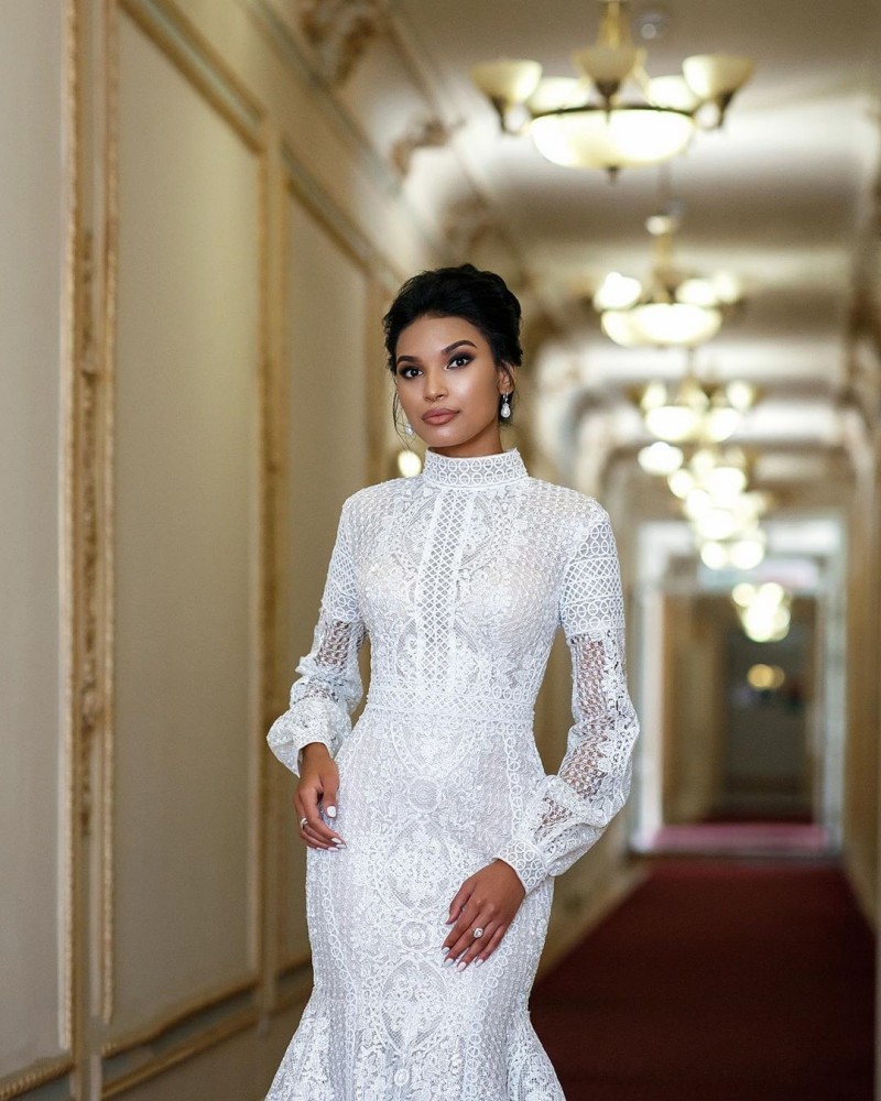 Muslim Modest Mermaid Dresses High Neck Long Sleeve Full Lace Bridal Dress Custom Made Wedding Gowns