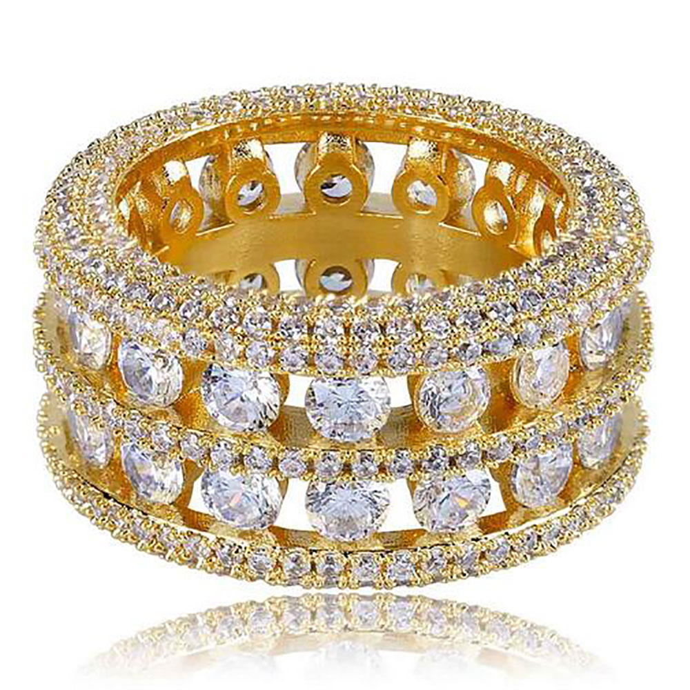 Mens 2 Row Channel Set Hollow 360 Eternity Band Gold CZ Bling Ring Full Simulated Diamonds Micro Pave Set Stones Hip Hop Rings