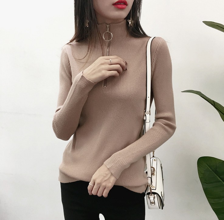 Casual Knitted Turtleneck Pullovers Sweater Women Autumn Winter Zipper Up Solid Slim Knitting Sweaters Pull Femme