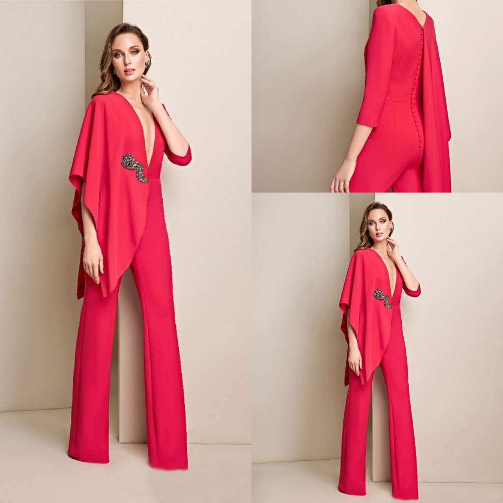 2020 Red Evening Jumpsuit Deep V Neck Satin Beaded Women Pants Suit Prom Dress Party Wear Custom Made Robes De Soirée