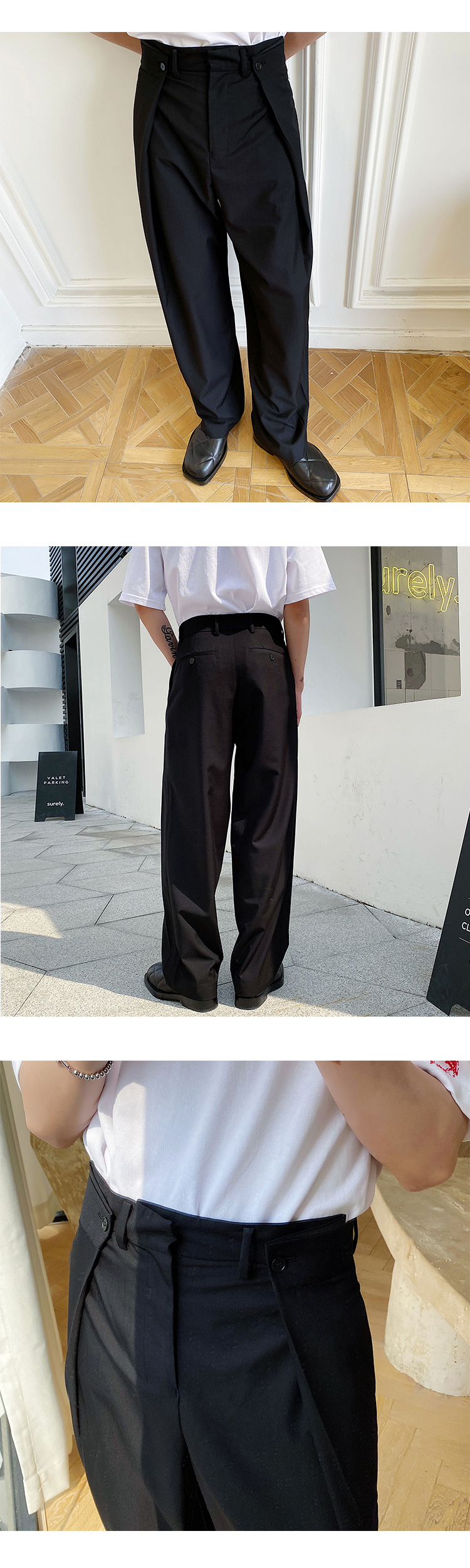 Men Cotton Blend Wide Leg Casual Long Suit Pants Streetwear Fashion Show Trousers Black Drawstring