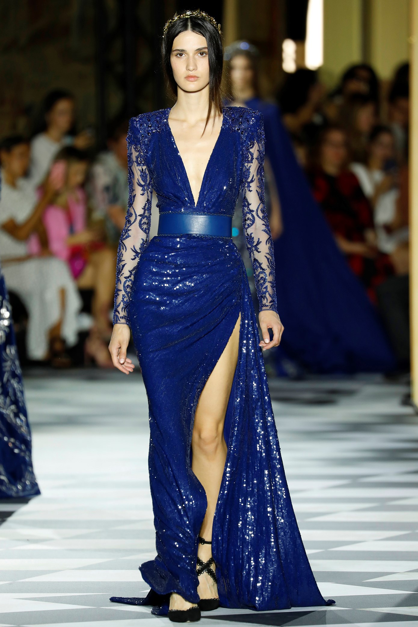 Sexy Sequined Mermaid Prom Dresses 2019 Zuhair Murad Blue Long Sleeve Beaded Thigh High Slits Evening Cocktail Dress robes de so