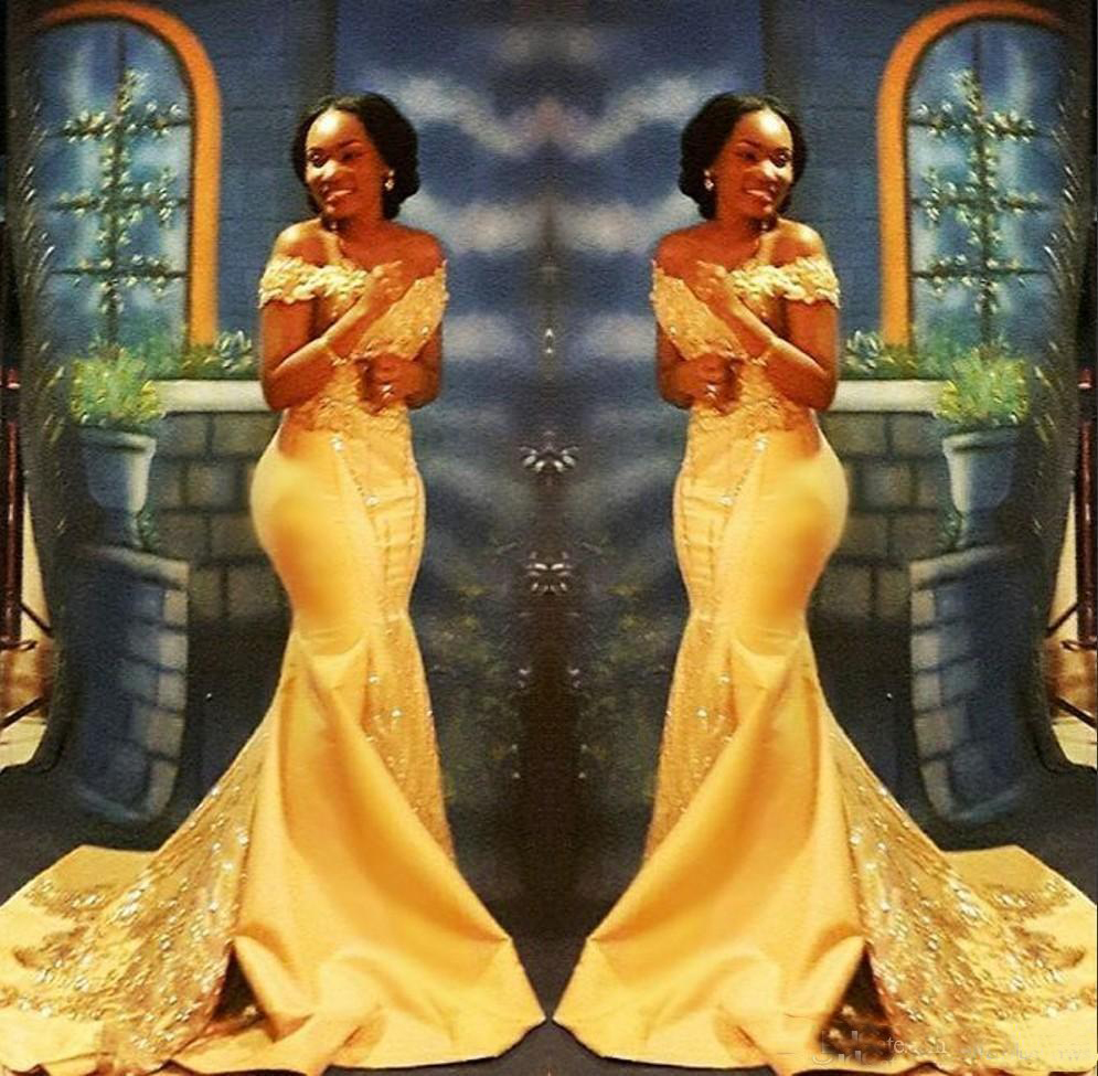 Elegant Yellow African Mermaid Prom Dresses Long Formal Off Shoulder Luxury Beading Crystal Satin Arabic Evening Gowns Party Dresses