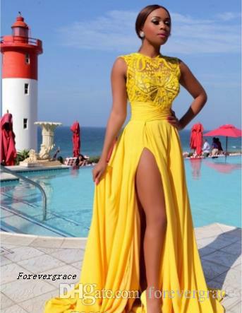 2019 Yellow Chiffon Prom Dress Arabic Cheap Simple High Split Sexy Formal Summer Holidays Wear Evening Party Gown Custom Made Plus Size