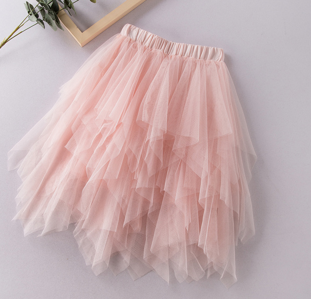 Fashion kids girl Mauve Ruffle Uneven Tulle Skirt Girls Teenage TUTU Wedding Bridal Bridesmaid Skirt Knee Length Skirt 3-12 Ys