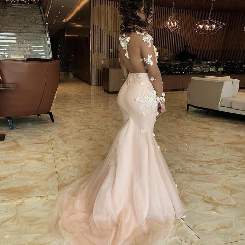 Illusion Sexy Mermaid Prom Dresses Sheer Neck Lace 3D Appliques Beaded Long Sleeves Sweep Train Backless Evening Party Wear Pageant Gowns