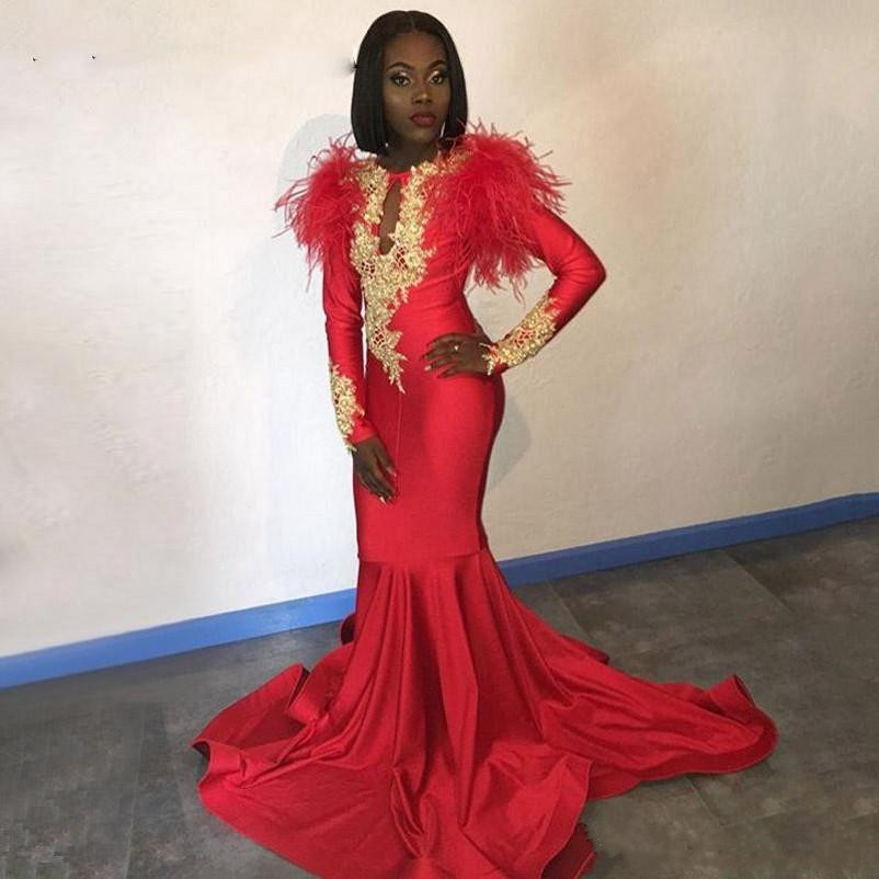 South African Feather Red Prom Dresses 2K19 Gold Lace Appliques Long Sleeves Mermaid Evening Gowns Sweep Train Satin Cocktail Party Dress
