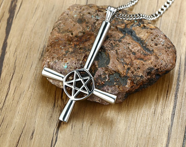 Daily Deals Choose silver gold black Stainless Steel Satan stand upside down Star Cross Pendant Mens Necklace Fashion jewelry 4mm24inch