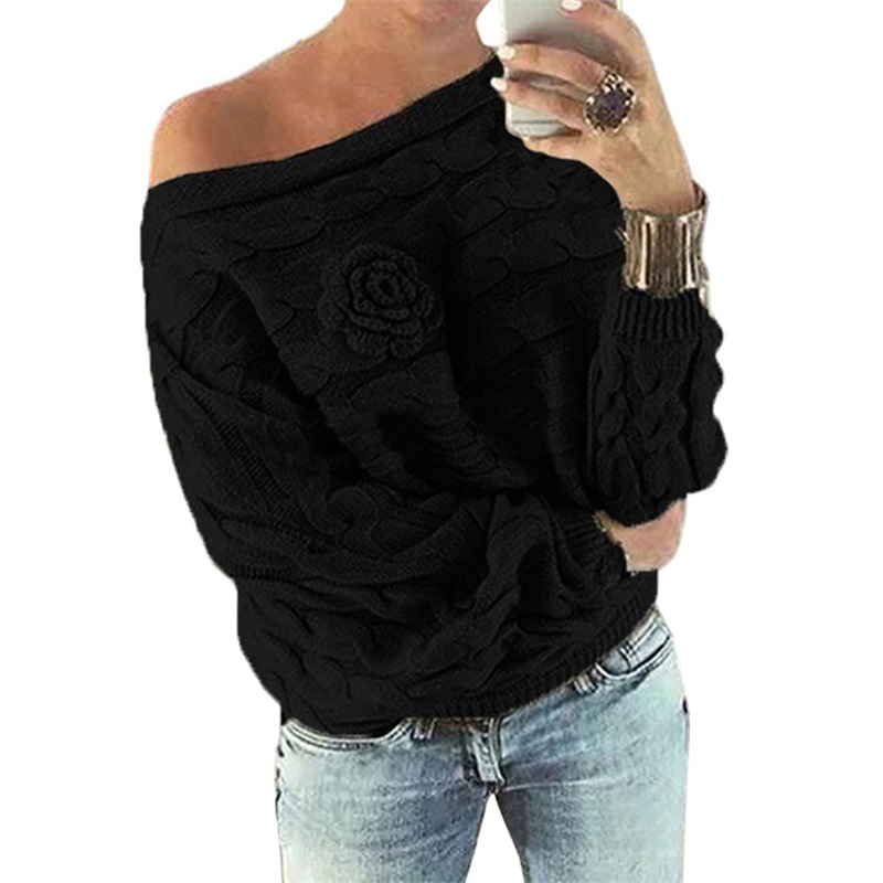 Large Size Women Sexy One-word Collar Twist Pullover Sweater Handmade Flower Off-shoulder Bat Sleeve Loose Bottoming Sweater, White
Large Size Women Sexy One-word Collar Twist Pullover Sweater Handmade Flower Off-shoulder Bat Sleeve Loose Bottoming Sweater, White