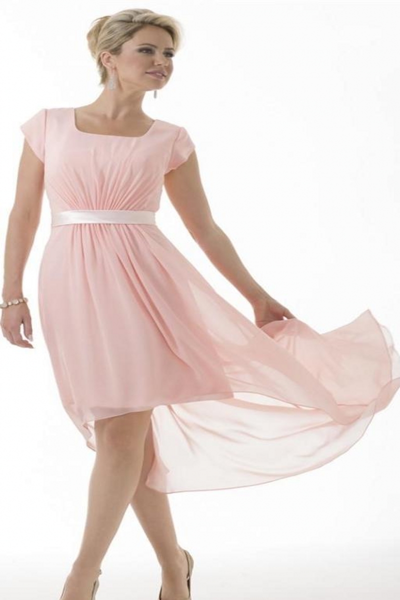 Hot Pink Modest Bridesmaid Dresses Long With Short Sleeves Chiffon Cap Sleeves Short Front Long Back Country Bridesmaids Prom Dresses