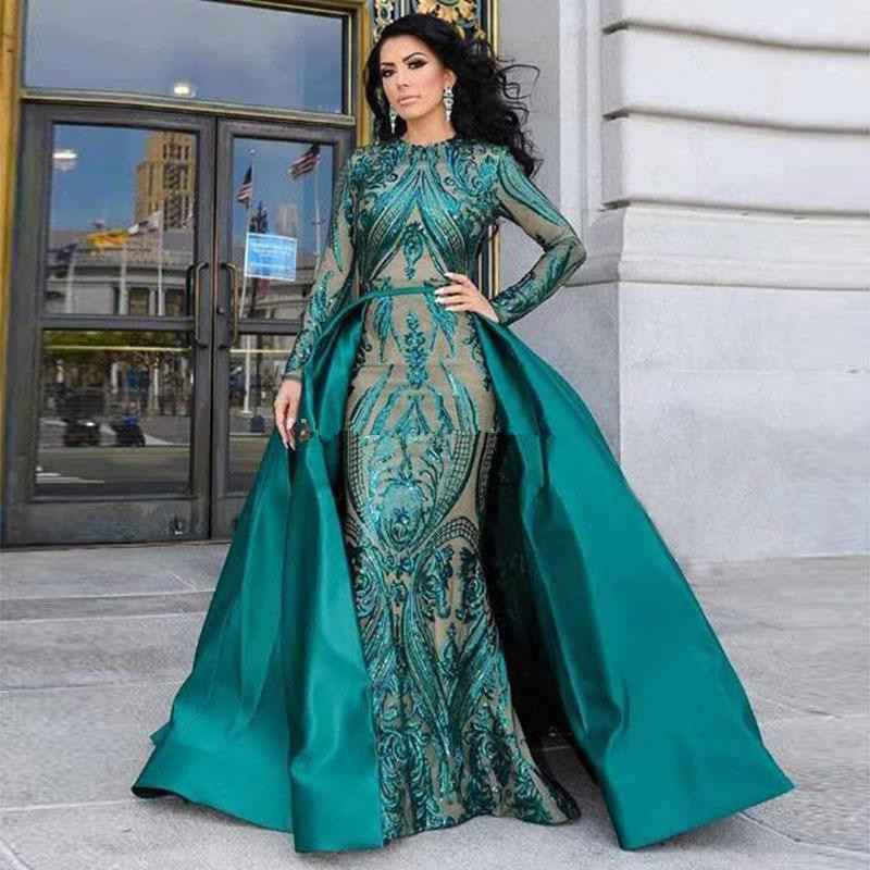Burgundy Hunter Green Mermaid Evening Pageant Dresses with detachable Train Jewel Neck Long Sleeve Applique Sequins Occasion Prom Gown