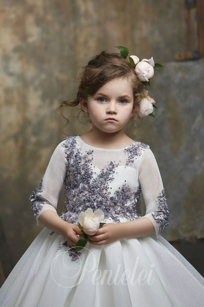 Lovely Ball Gown Flower Girl Dresses Jewel Long Sleeve Hollow Lace Applique Sequins Crystal Pageant Dress Floor Length Girl's Birthday Party