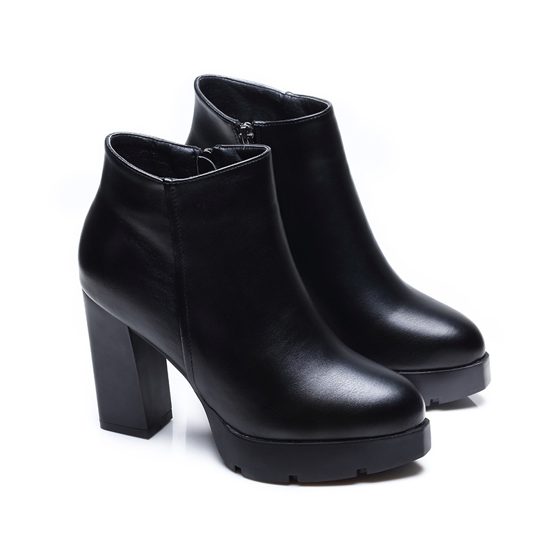 Hot Sale-Autumn Winter Women Ankle Boots High Heels Chunky Heels Platform PU Leather Short Booties Black Ladies Shoes Good Quality