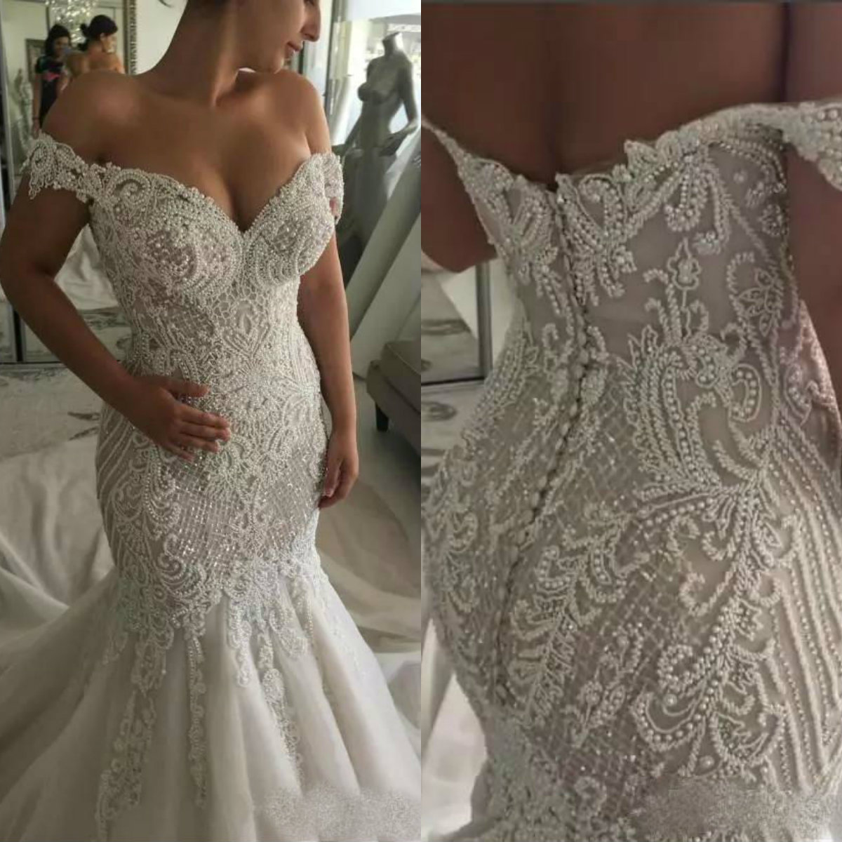 Elegant Mermaid Wedding Dresses Plus Size Off Shoulder Lace Applique Beaded African Dubai Beach Wedding Dress Vestidos De Noiva