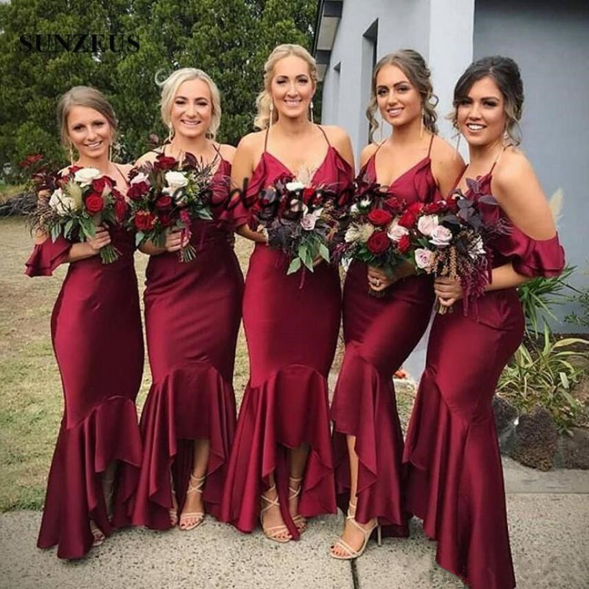 2019 Dark Red Bridesmaid Dresses High Low Spaghetti Straps V-neck Tea Length Mermaid Wedding Party Gowns Fashion Boho Maid Of Honor Dresses