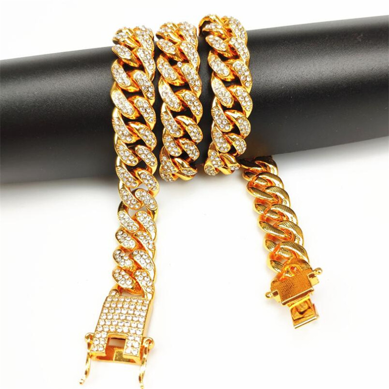 Vintage Sparkling Men Hip hop Iced Out Jewelry Rhinestone Crystal Long Iced Out Chains Necklace Jewelry Gold Silver Miami Cuban Link Chains