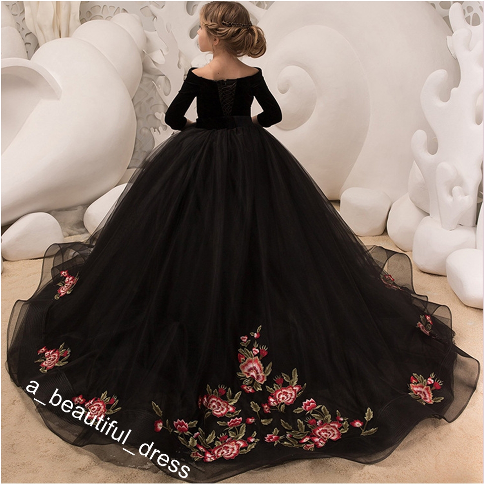Flower Girls' Dresses Girl Princess Pengpeng Skirt Black Evening Dress Model Walking Show Piano Dress Little Host Dress FG1280