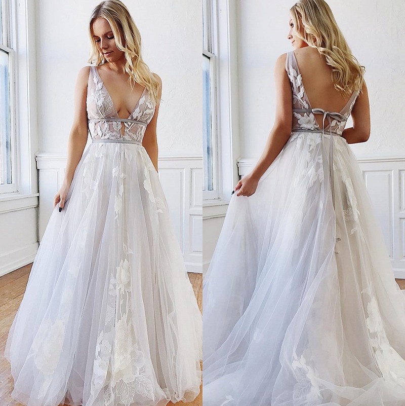 A Amazing E Beach Backless Wedding Dresses Deep V Neck Appliqued Boho Bridal Gowns Or Length Tulle Bohemian Vestidos De Noiva