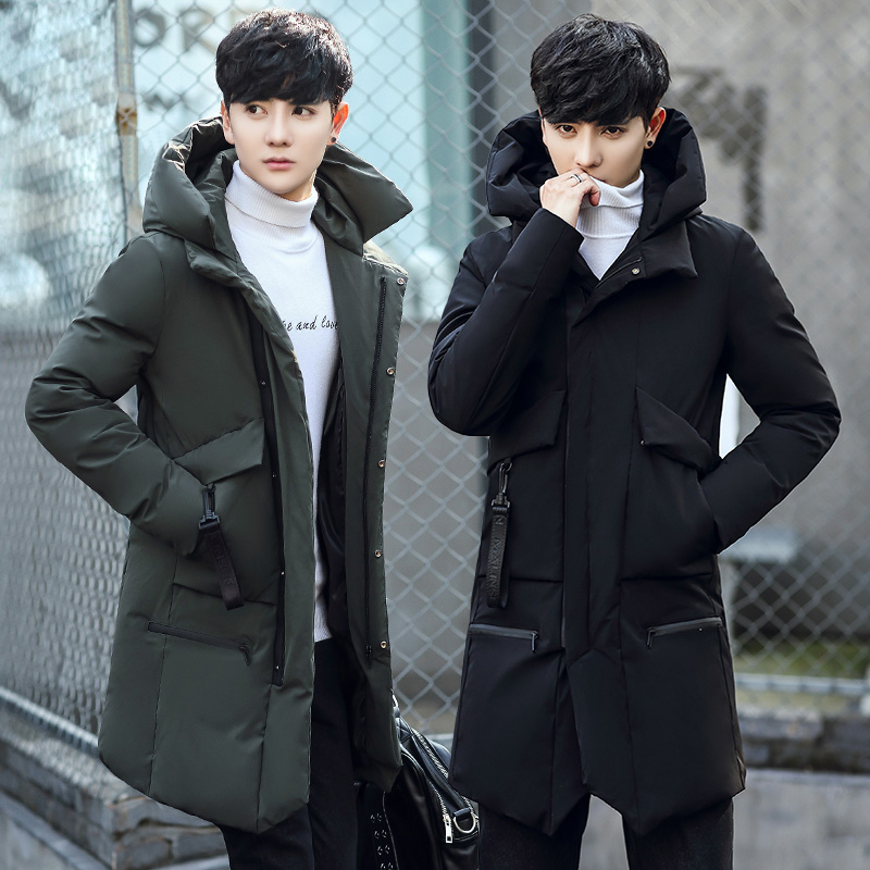 New men's winter coat slim fit windproof white duck down jacket men medium long coat hat detachable winter jacket for men