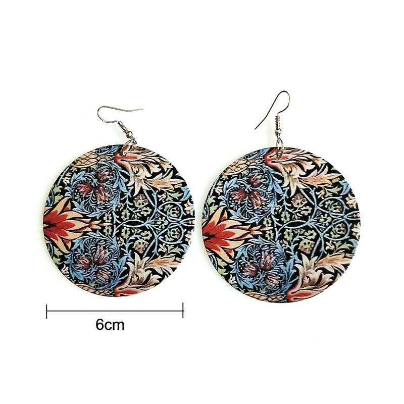 Bohemian Printing Colorful Eardrop Womens Fashion Afro Wooden Earrings Wood Round Charm Hoop Earrings Jewelry Wholesale