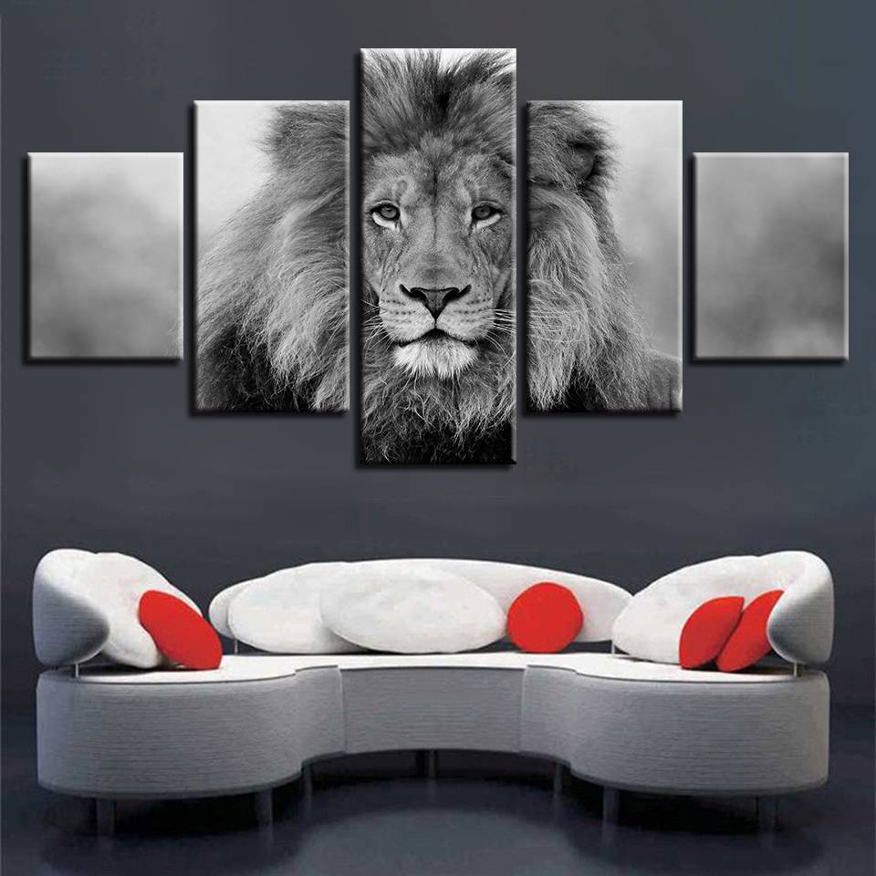 Canvas Pictures Modular Wall Art 5 Pieces Animal Lion Painting Living Room HD Prints Black And White Poster Home Decor(No Frame)
