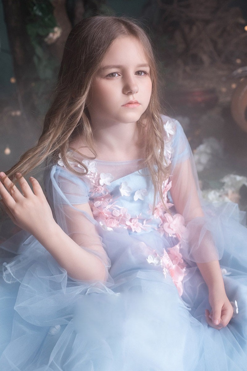 2019 Flower Girl Dress Ball Gown Girls Formal Dresses Sheer Jewel Neck 3d Flowers Floor Length Long First Communion Dresses Little Girls