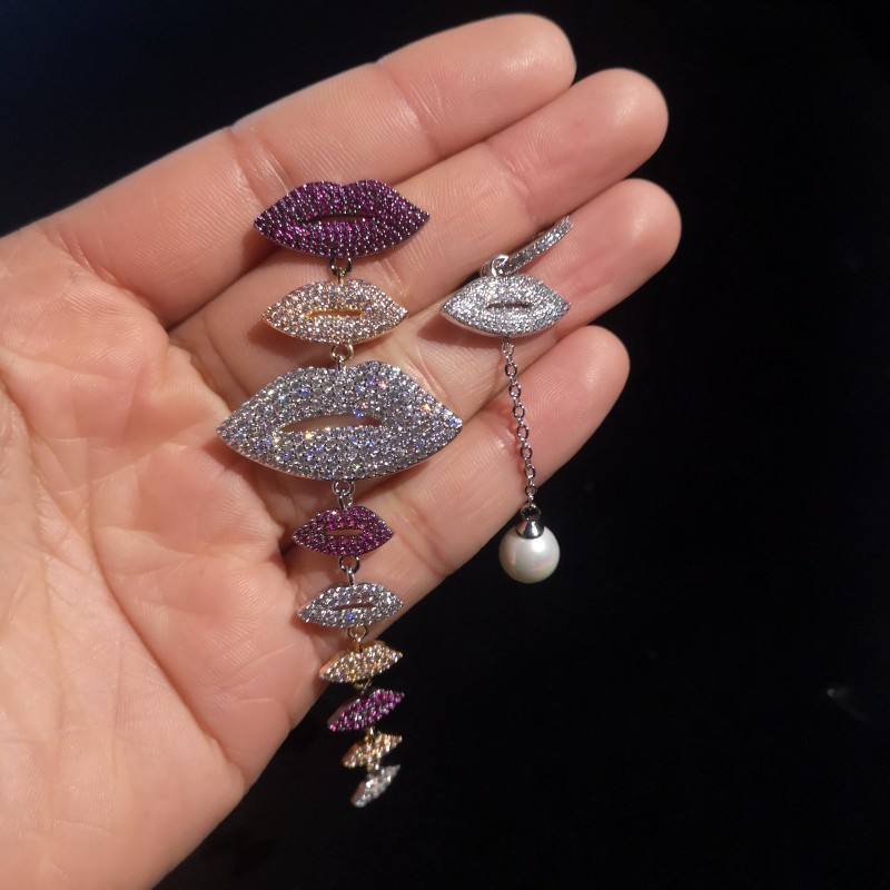 Asymmetry Lips Dangle Drop Earrings Bling Full Colorful Cubic Zirconia Jewelry Women Girl Gift