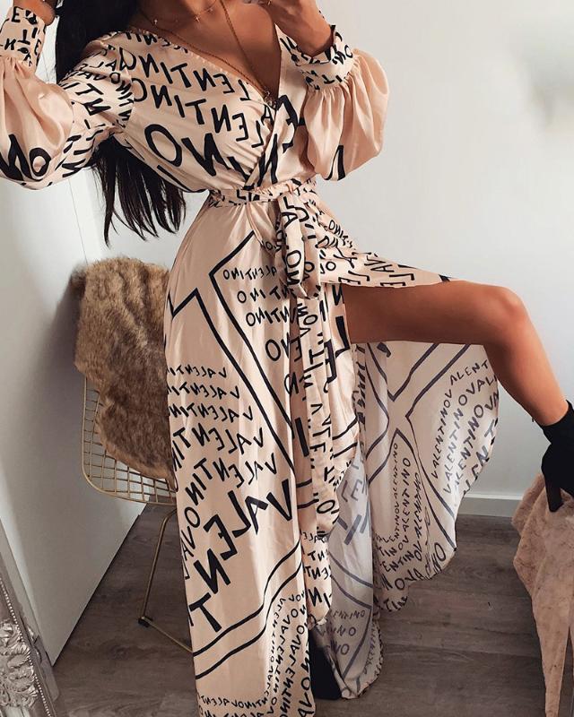 Women's Retro Vintage Boho Long Sleeve Deep V-Neck Letter Loose Print Splited Long Maxi Dresses Every Cocktial Party