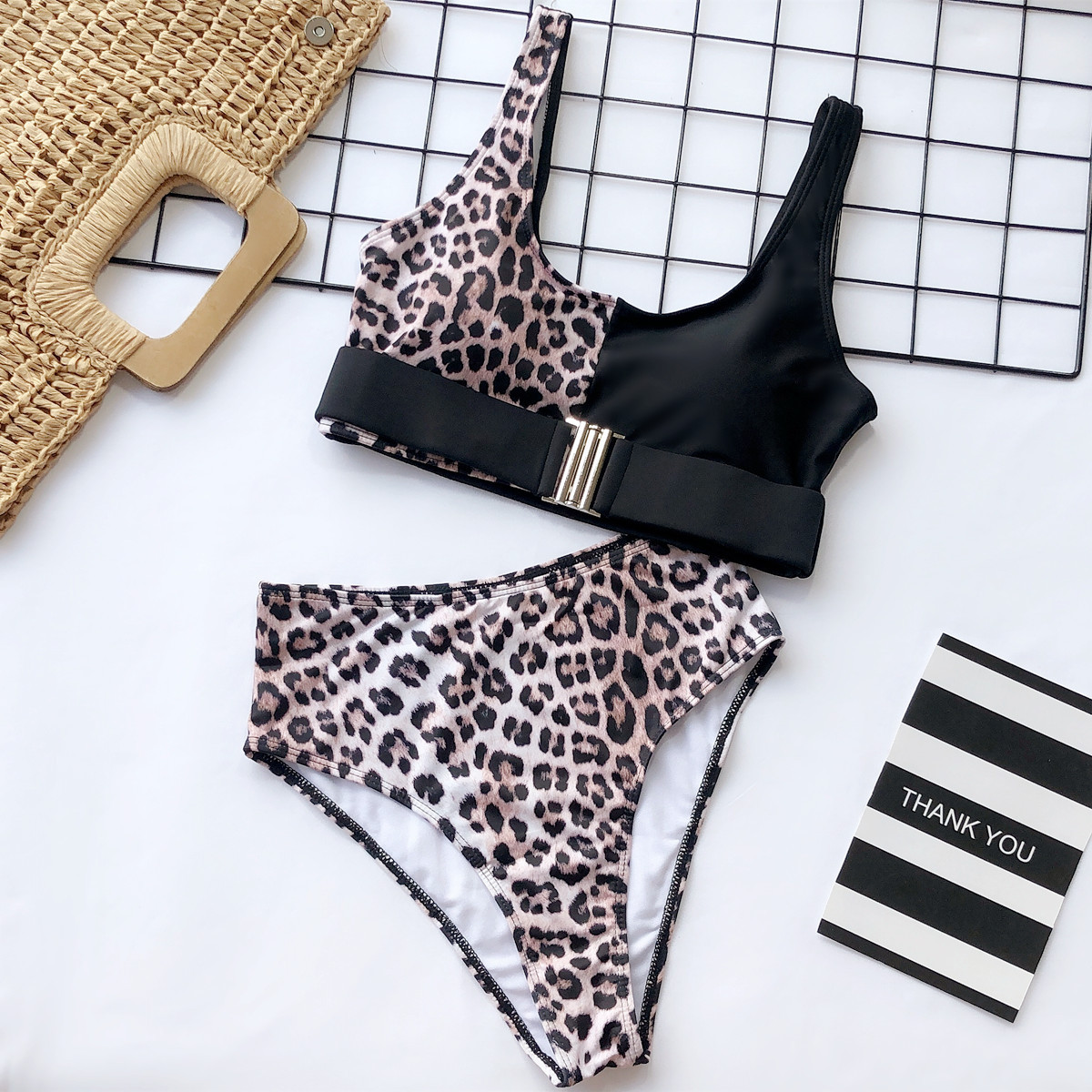 Solid High Waist Bikini Set Sexy Leopard Print Stitching Red Swimsuit Girls Summer Beach Belted Bikini Set Swimwear