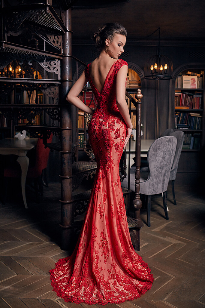 Sexy Mermaid Mukha Prom Dresse V Neck Sleeveless Applique Red Party Dress Sweep Train robes de soirée
