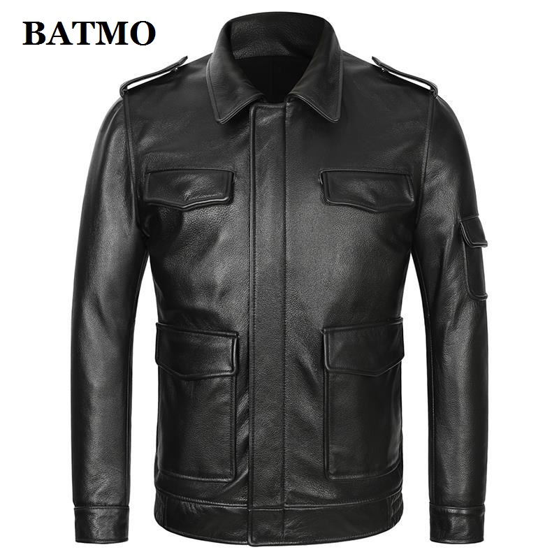 BATMO 2020 new arrival high quality 100% real natural cow leather jackets men,real leather jackets,size M-4XL PDD16, Black