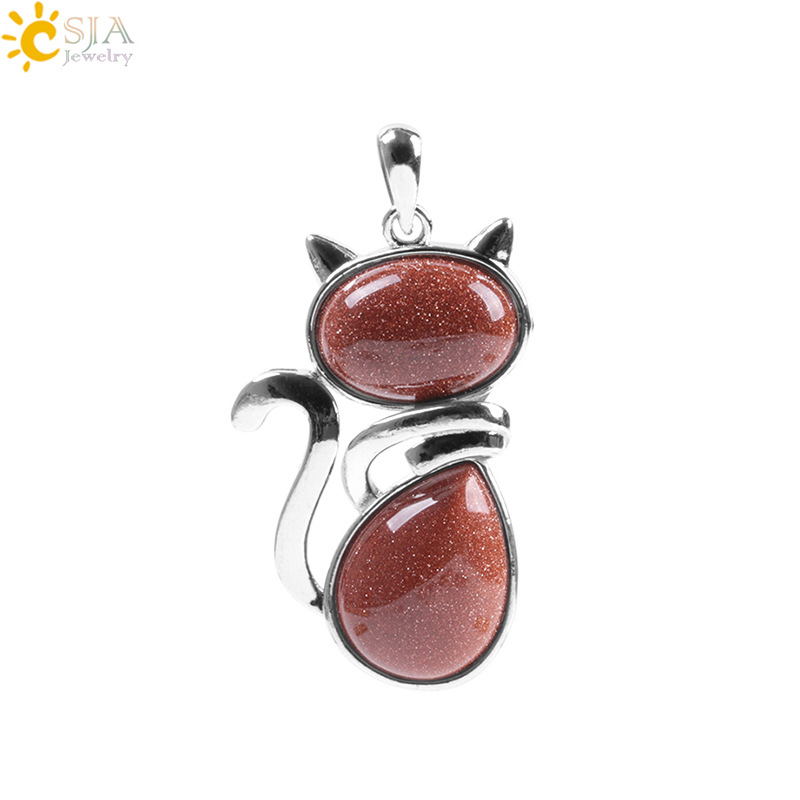 Natural Stone Necklaces Pendants for Women Girl Cute Cat Shape Rock Pink Quartz Black Onyx Beads Chain Reiki Jewelry