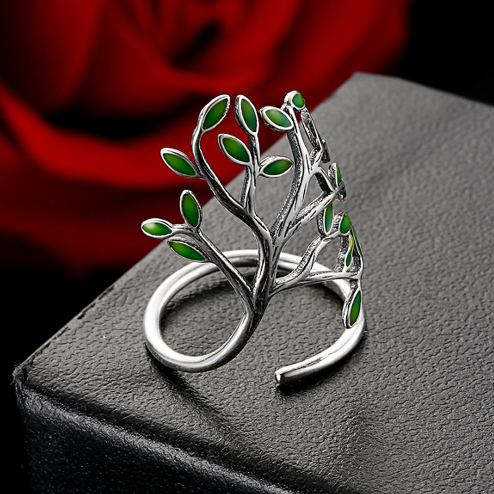 Wholesale-Silver Drop Glaze Leaves Open Rings For Women Original Handmade Lady Prevent Allergy Sterling-silver-jewelry